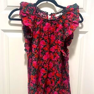 Mine NWOT Multicolored Floral FLUTTER Sleeve Blouse Top A-line cherry red M